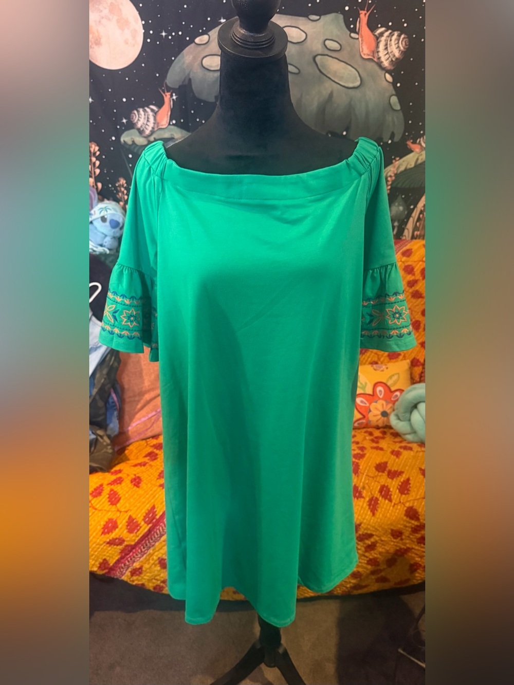 Hayden Emerald Green Off-Shoulder Tunic with Embroidered Bell Sleeves